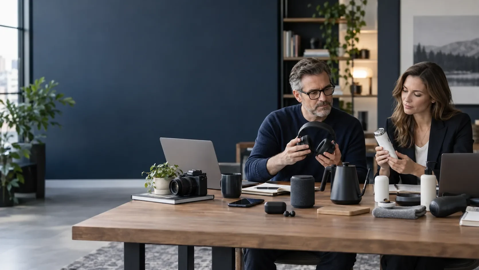 Reviewers comparing consumer products in a modern editorial workspace