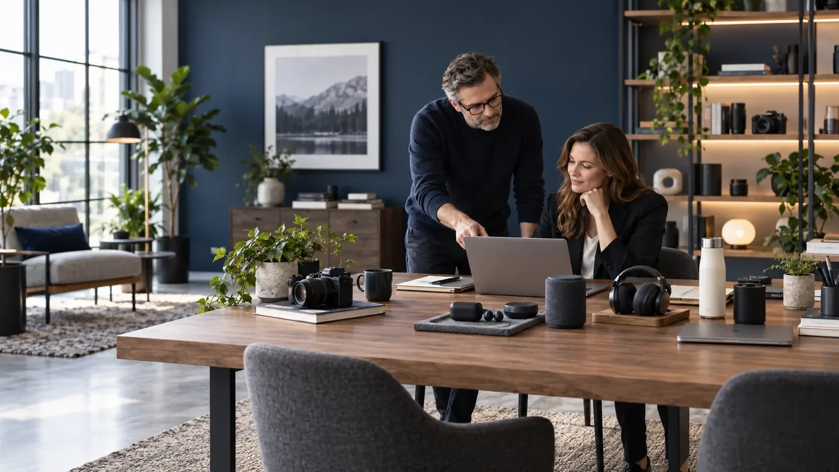 Reviewers working with consumer products in an editorial workspace