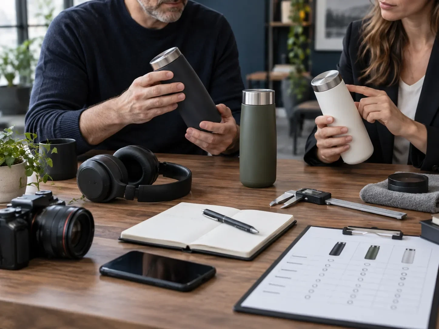 Consumer products being compared with notes and measuring tools